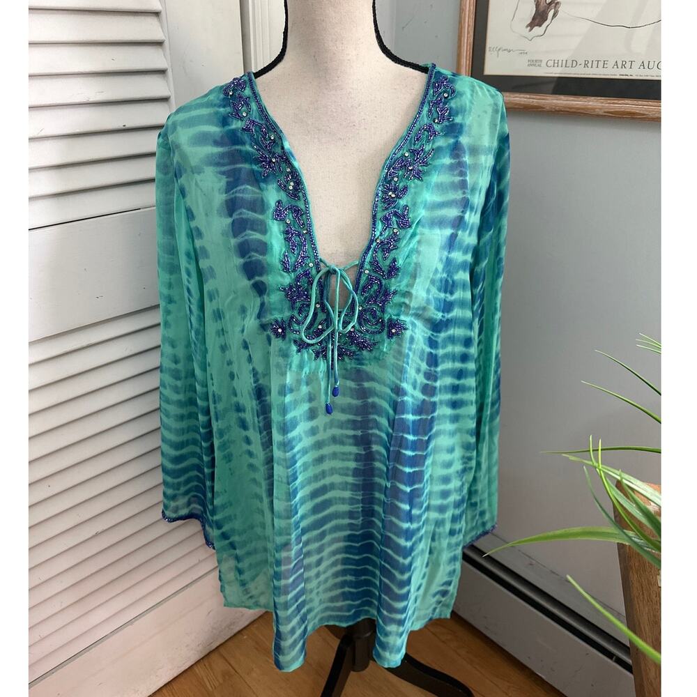 Soft Surroundings Tunic Womens Large Blue Tie Dye Sheer Beaded Resort Boho Chic